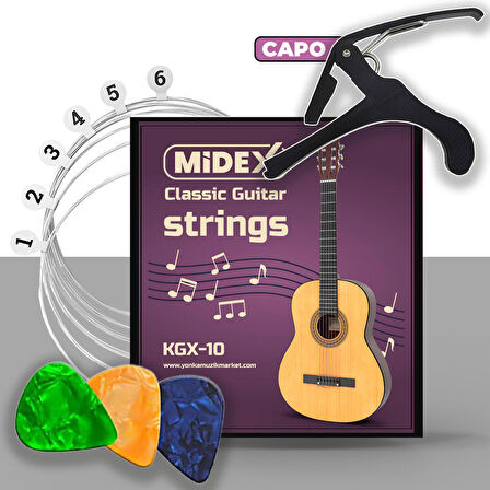 Midex KGX-10C Klasik Gitar Teli Takımı Pena ve Kapo (Capo) Seti